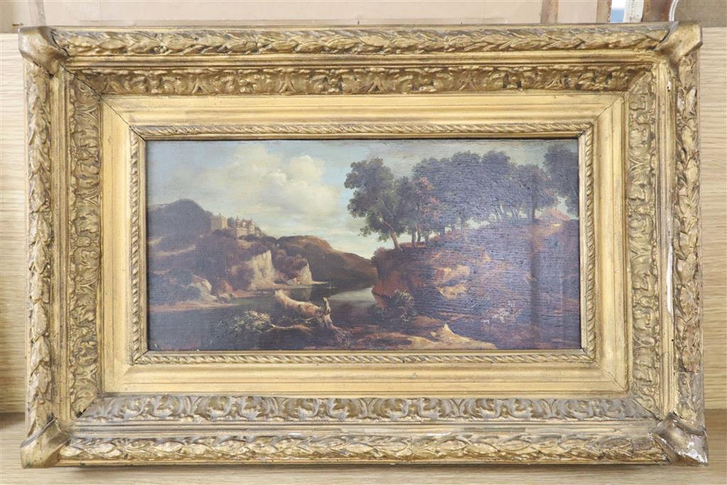 Van de Lughen, oil on wooden panel, Wooded river landscape with figures, 17 x 35cm